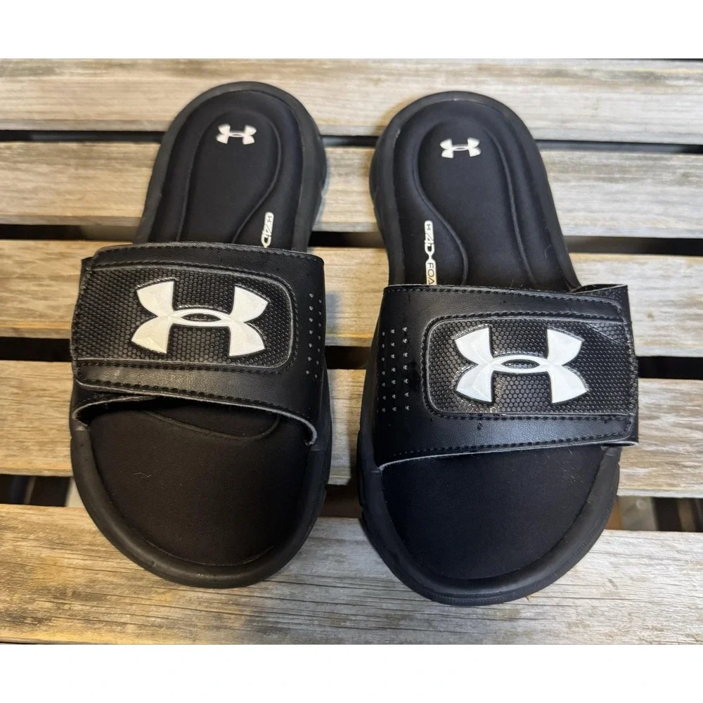 Under Armour Sandals Kids Size 3 Black 4D Foam Slide Adjustable Logo Comfort